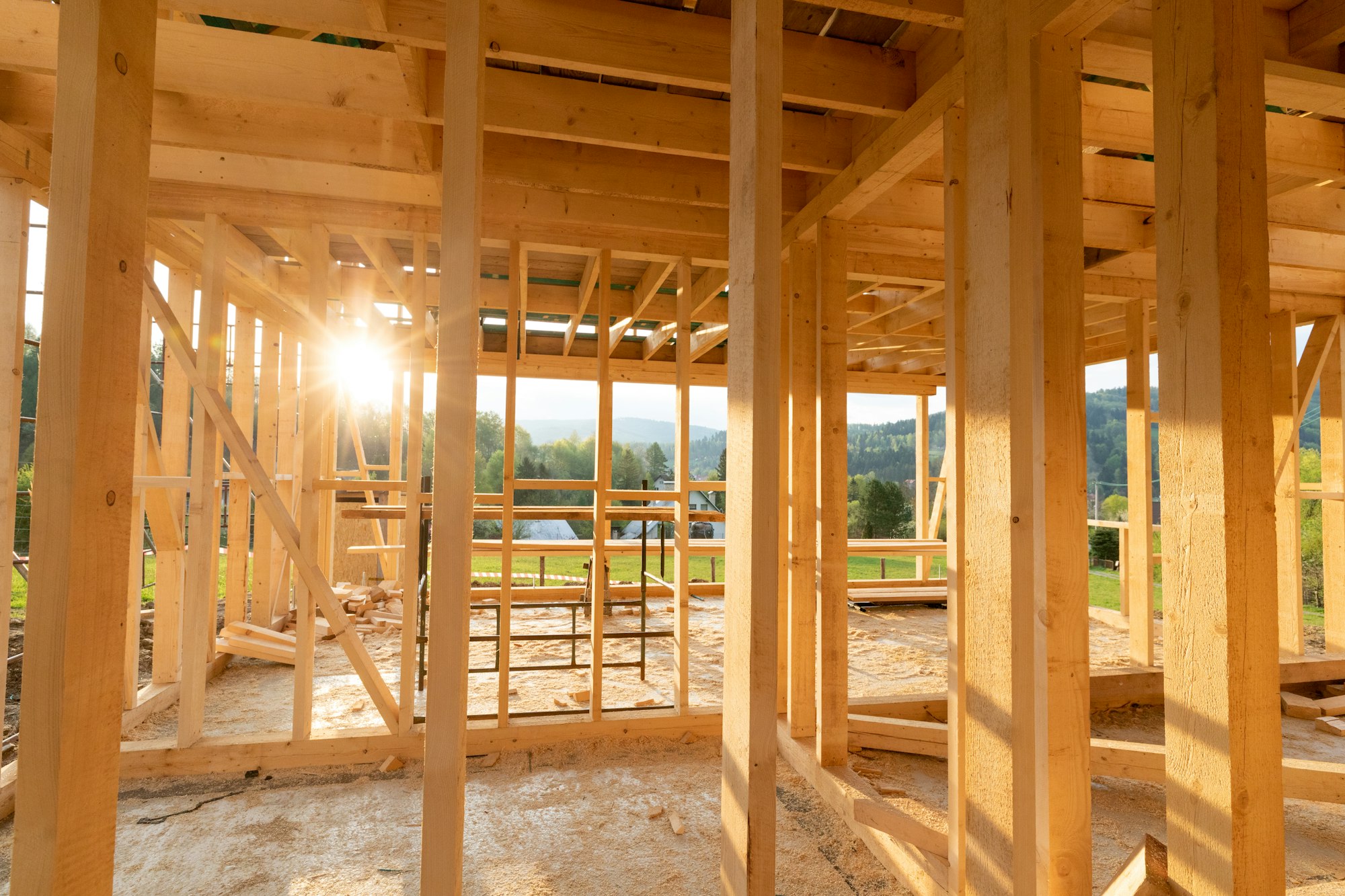 New interior residential wooden construction house framing